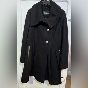 Guess Black Pea coat fit and flare with Silver buttons and zippers size large.
